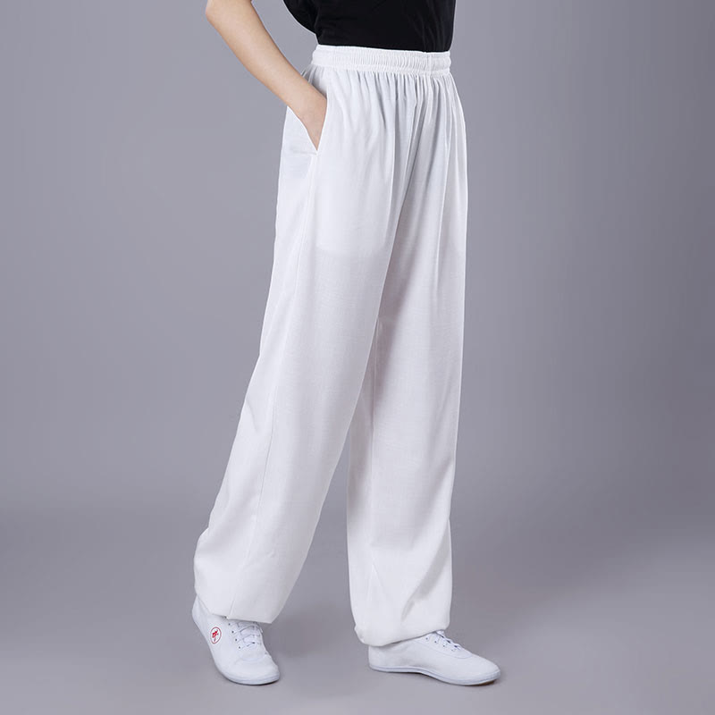 Buddha Stones Letnie Unisex Elastyczna Tai Chi Qigong Praktyka Oddychająca Bawełniana Lniana Spodnie Z Kieszeniami - Biały - 3XL - PASUJE DO USA/UK/AU/EU - 2XL - image 2