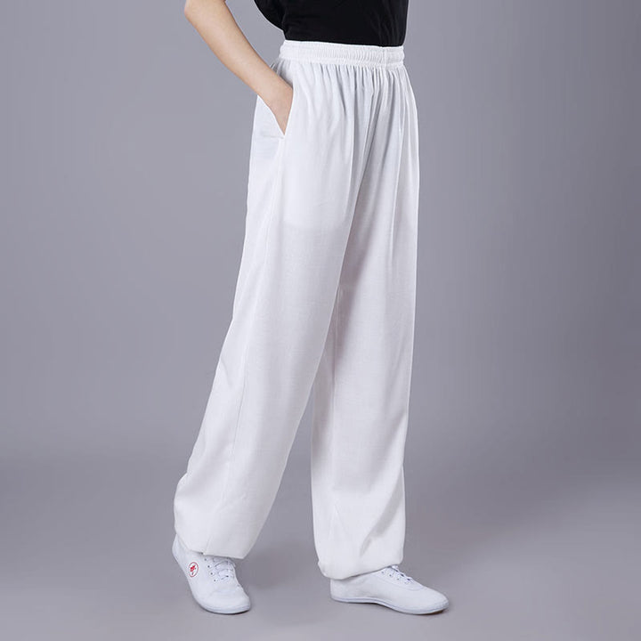 Buddha Stones Letnie Unisex Elastyczna Tai Chi Qigong Praktyka Oddychająca Bawełniana Lniana Spodnie Z Kieszeniami - Biały - 3XL - PASUJE DO USA/UK/AU/EU - 2XL - image 2