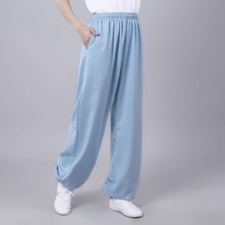Buddha Stones Letnie Unisex Elastyczna Tai Chi Qigong Praktyka Oddychająca Bawełniana Lniana Spodnie Z Kieszeniami - SkyBlue - 3XL - PASUJE DO USA/UK/AU/EU - 2XL - image 23