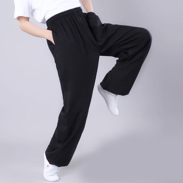 Buddha Stones Letnie Unisex Elastyczna Tai Chi Qigong Praktyka Oddychająca Bawełniana Lniana Spodnie Z Kieszeniami - image 10