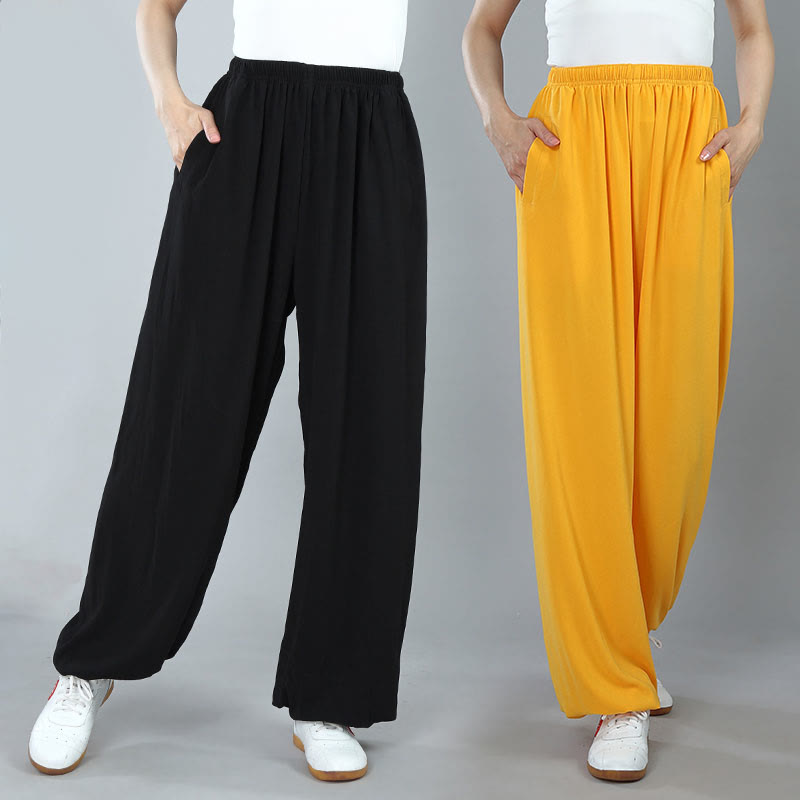 Buddha Stones Letnie Unisex Elastyczna Talia Tai Chi Kung Fu Qigong Praktyka Bawełna Oddychające Spodnie Z Kieszeniami - image 1