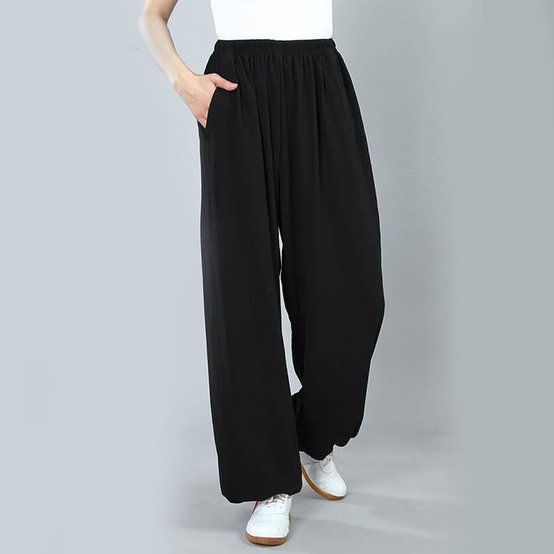 Buddha Stones Letnie Unisex Elastyczna Talia Tai Chi Kung Fu Qigong Praktyka Bawełna Oddychające Spodnie Z Kieszeniami - image 3