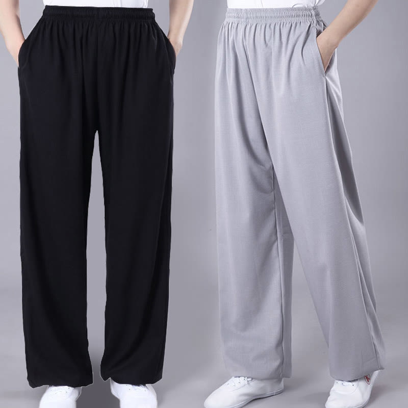 Buddha Stones Letnie Unisex Elastyczna Tai Chi Qigong Praktyka Oddychająca Bawełniana Lniana Spodnie Z Kieszeniami - image 1