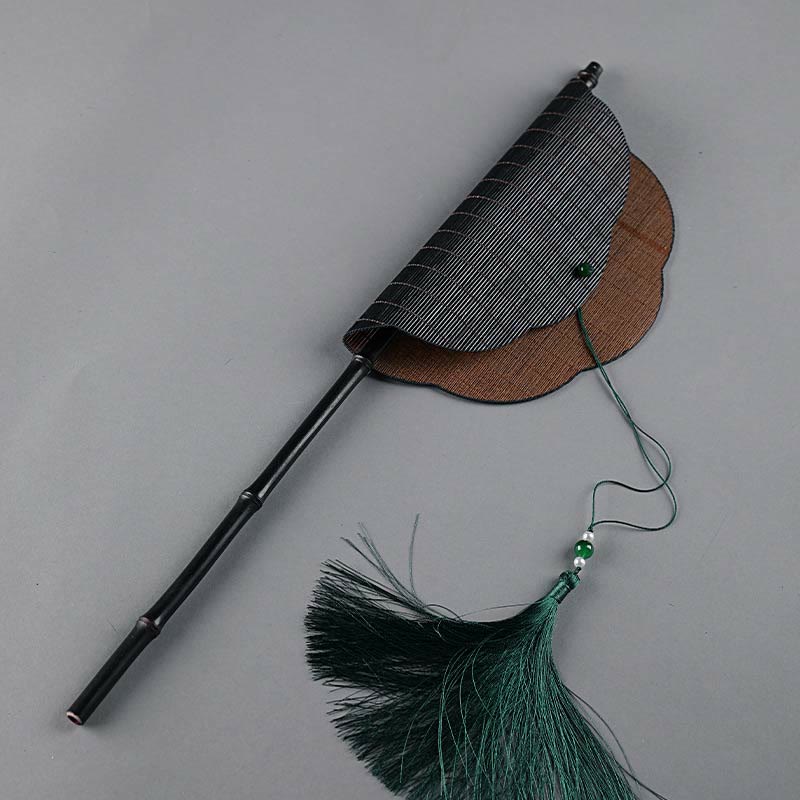 Buddha Stones w stylu chińskim, ręcznie robiony, bambusowy, długi uchwyt, przenośny, kręcony wentylator