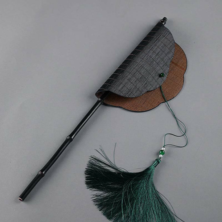 Buddha Stones w stylu chińskim, ręcznie robiony, bambusowy, długi uchwyt, przenośny, kręcony wentylator