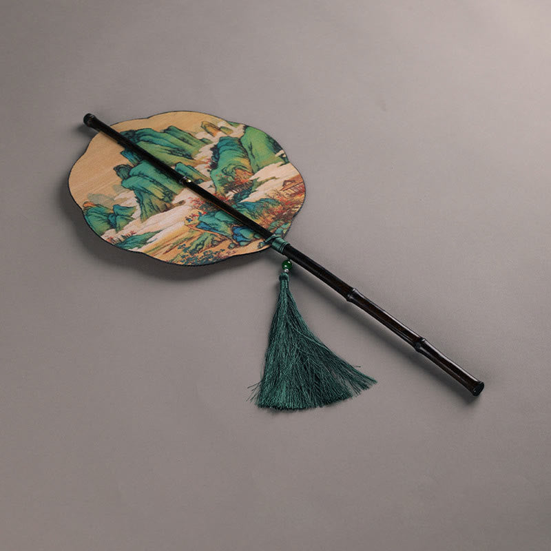 Buddha Stones, ręcznie robiony bambus, tysiące mil rzek i gór, długi uchwyt, przenośny, kręcony wentylator