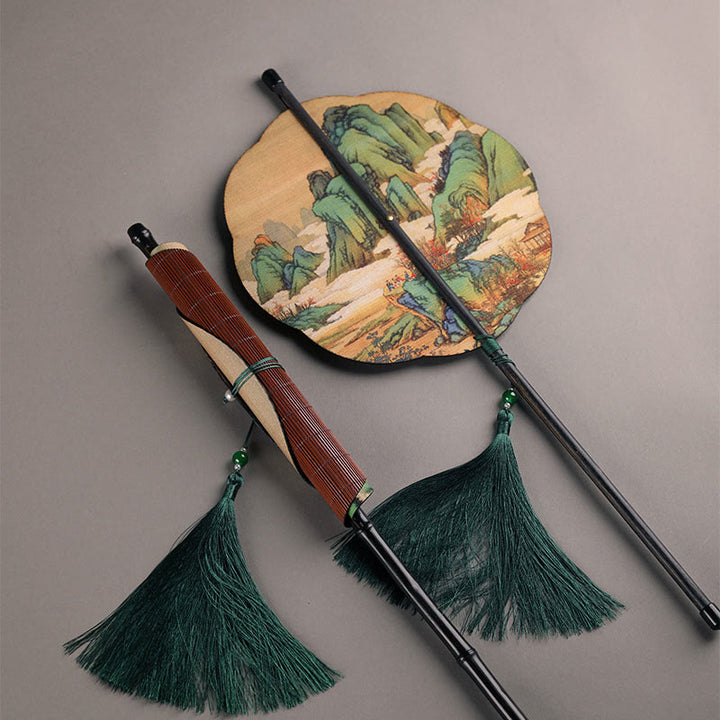 Buddha Stones, ręcznie robiony bambus, tysiące mil rzek i gór, długi uchwyt, przenośny, kręcony wentylator