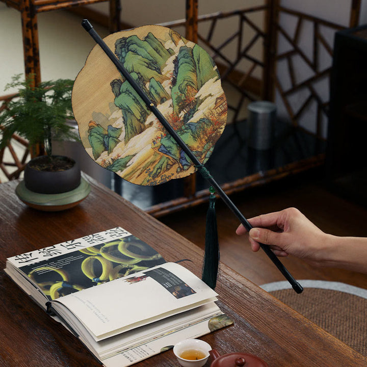 Buddha Stones, ręcznie robiony bambus, tysiące mil rzek i gór, długi uchwyt, przenośny, kręcony wentylator