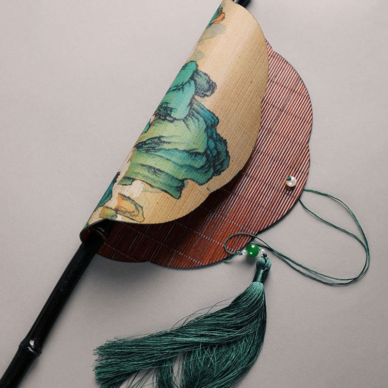 Buddha Stones, ręcznie robiony bambus, tysiące mil rzek i gór, długi uchwyt, przenośny, kręcony wentylator