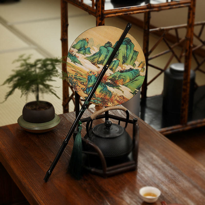 Buddha Stones, ręcznie robiony bambus, tysiące mil rzek i gór, długi uchwyt, przenośny, kręcony wentylator