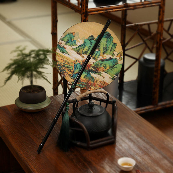 Buddha Stones, ręcznie robiony bambus, tysiące mil rzek i gór, długi uchwyt, przenośny, kręcony wentylator