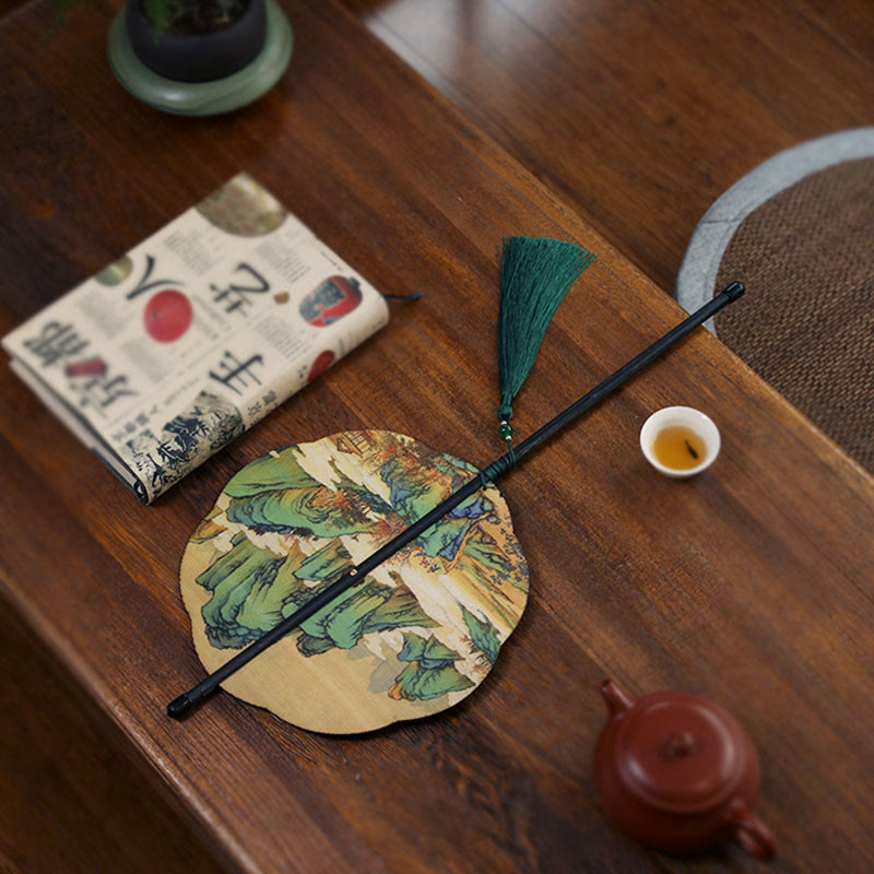 Buddha Stones, ręcznie robiony bambus, tysiące mil rzek i gór, długi uchwyt, przenośny, kręcony wentylator