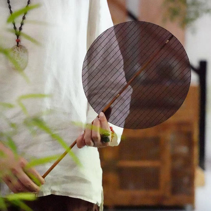 Buddha Stones w stylu chińskim, ręcznie robiony, okrągły, bambusowy, długi wentylator z uchwytem