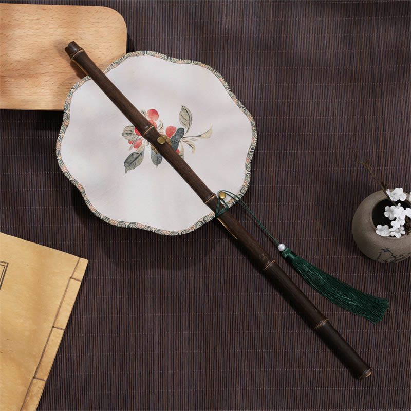 Buddha Stones ręcznie robione wiśnia bambus liść winogron wzór długi fioletowy bambus uchwyt przenośny kręcony wentylator