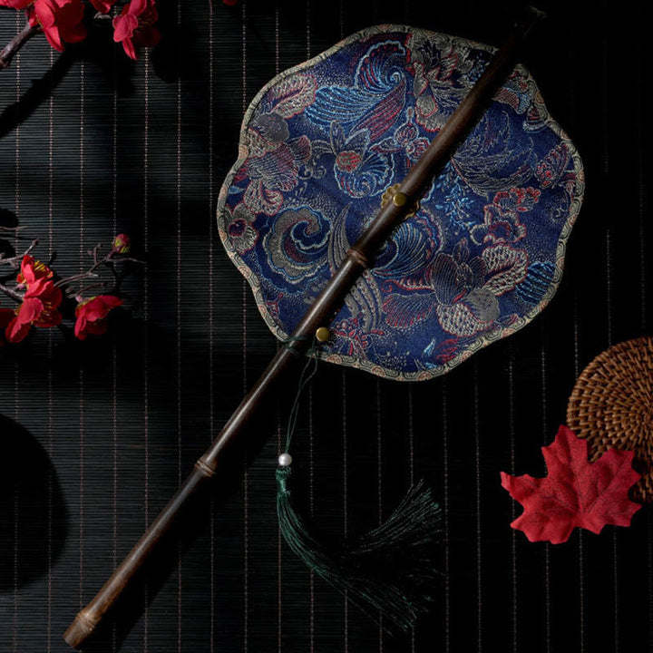 Buddha Stones, ręcznie robione muszle, łuski, liście, wzór epifyllum, długi fioletowy uchwyt bambusowy, przenośny, kręcony wentylator