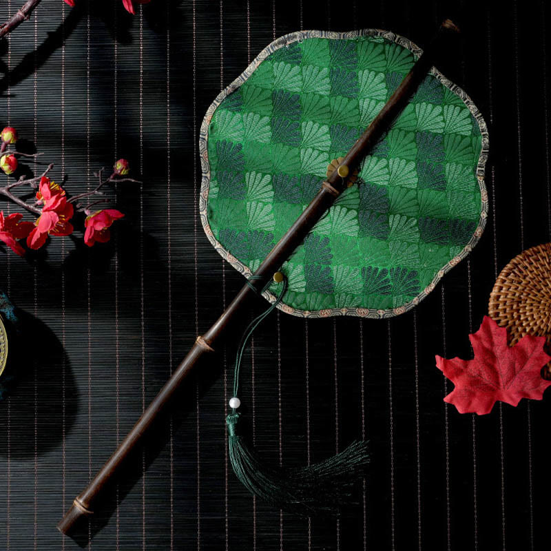 Buddha Stones, ręcznie robione muszle, łuski, liście, wzór epifyllum, długi fioletowy uchwyt bambusowy, przenośny, kręcony wentylator