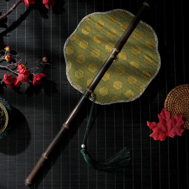 Buddha Stones, ręcznie robione muszle, łuski, liście, wzór epifyllum, długi fioletowy uchwyt bambusowy, przenośny, kręcony wentylator