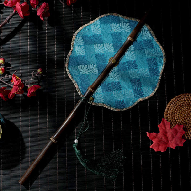 Buddha Stones, ręcznie robione muszle, łuski, liście, wzór epifyllum, długi fioletowy uchwyt bambusowy, przenośny, kręcony wentylator