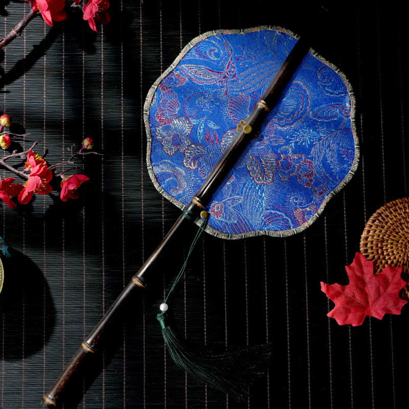 Buddha Stones, ręcznie robione muszle, łuski, liście, wzór epifyllum, długi fioletowy uchwyt bambusowy, przenośny, kręcony wentylator