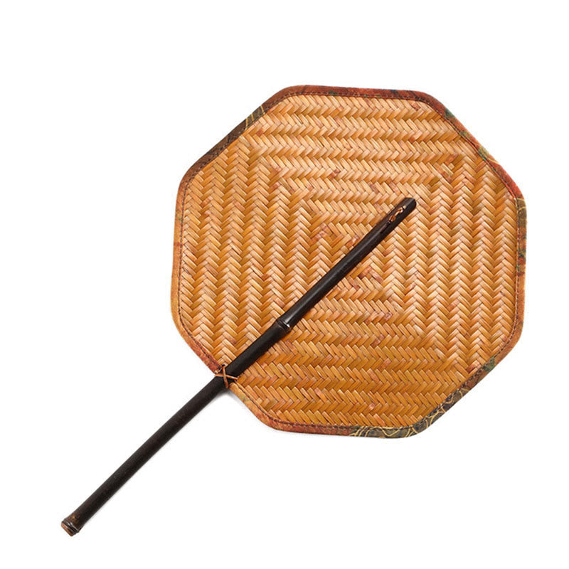 Buddha Stones Lato Retro Chiński Styl Ręcznie Bambusowe Tkane Okrągłe Bananowe Kształt Długi Uchwyt Wentylatora