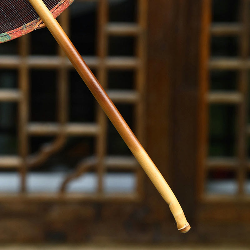 Buddha Stones Lato Retro Chiński Styl Ręcznie Bambusowe Tkane Okrągłe Bananowe Kształt Długi Uchwyt Wentylatora