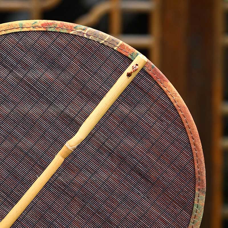 Buddha Stones Lato Retro Chiński Styl Ręcznie Bambusowe Tkane Okrągłe Bananowe Kształt Długi Uchwyt Wentylatora