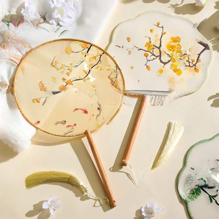 Buddha Stones Liść Miłorzębu Ryba Koi Kwiat Wiśni Kwiaty Wiosenne Ręczny Wentylator Z Uchwytem Drewnianym