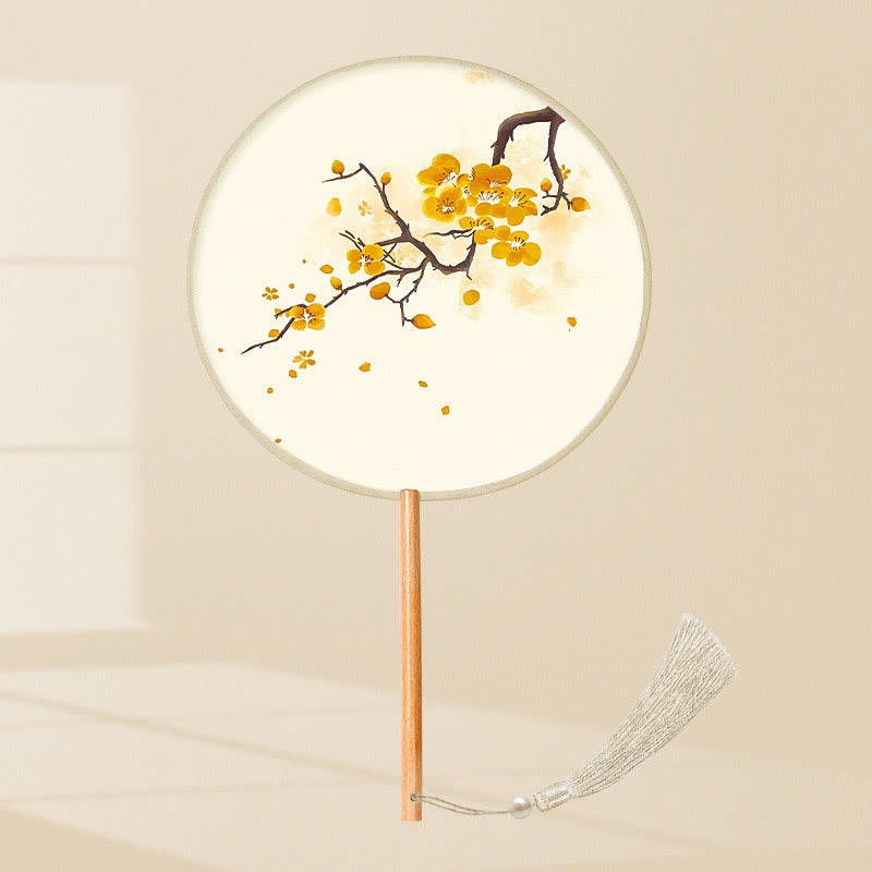 Buddha Stones Liść Miłorzębu Ryba Koi Kwiat Wiśni Kwiaty Wiosenne Ręczny Wentylator Z Uchwytem Drewnianym