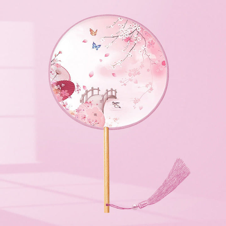 Buddha Stones Liść Miłorzębu Ryba Koi Kwiat Wiśni Kwiaty Wiosenne Ręczny Wentylator Z Uchwytem Drewnianym