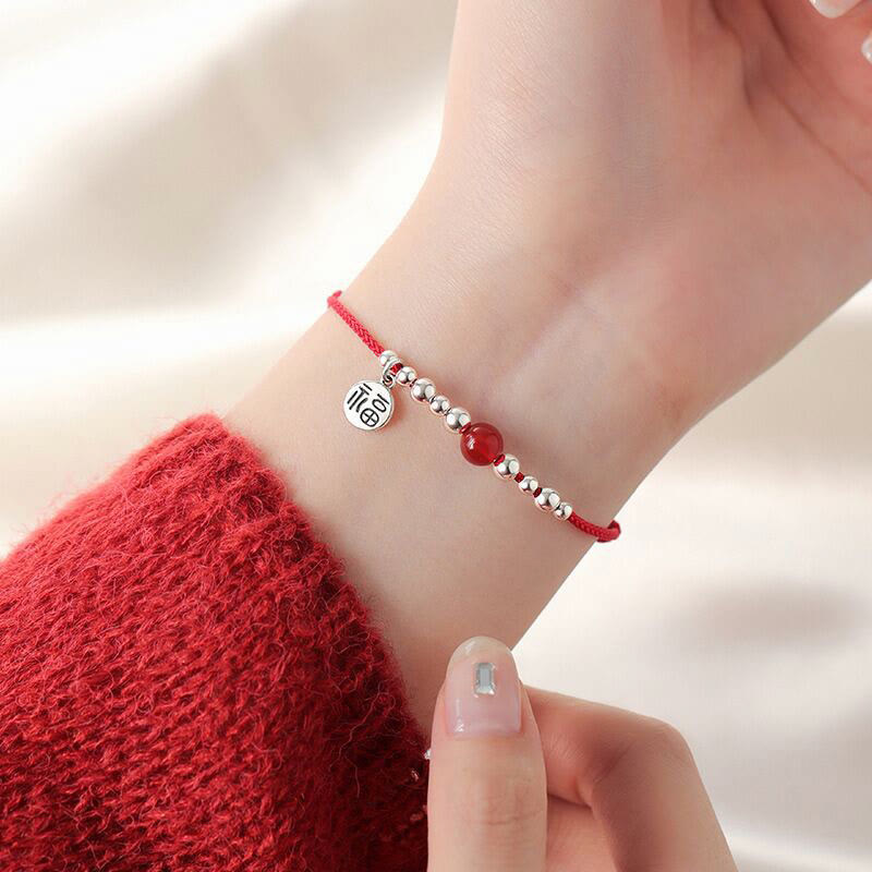 Bransoletka Buddha Stones wykonana ręcznie ze srebra próby 925 Fu Character Red Agate Fortune Braided Ultra-Thin Rope