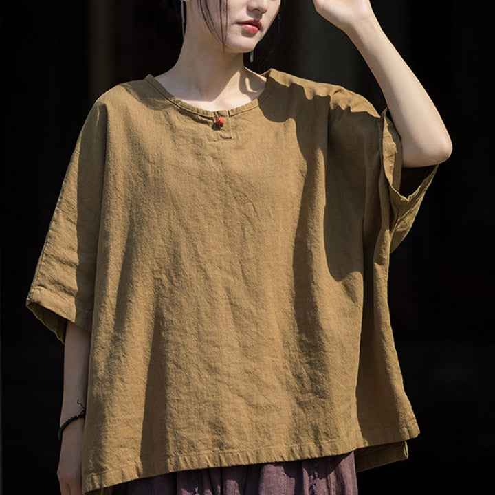 Koszulka z krótkim rękawem z ramią z lnu i bawełny Buddha Stones na co dzień