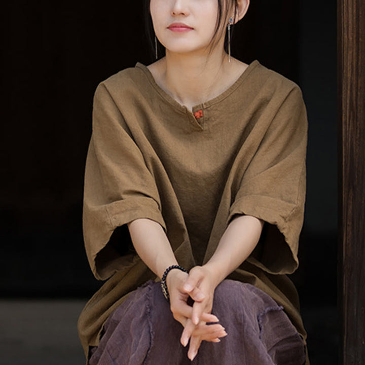 Koszulka z krótkim rękawem z ramią z lnu i bawełny Buddha Stones na co dzień