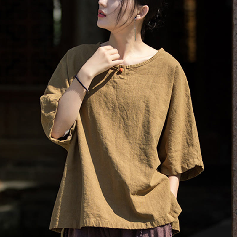 Koszulka z krótkim rękawem z ramią z lnu i bawełny Buddha Stones na co dzień - image 11