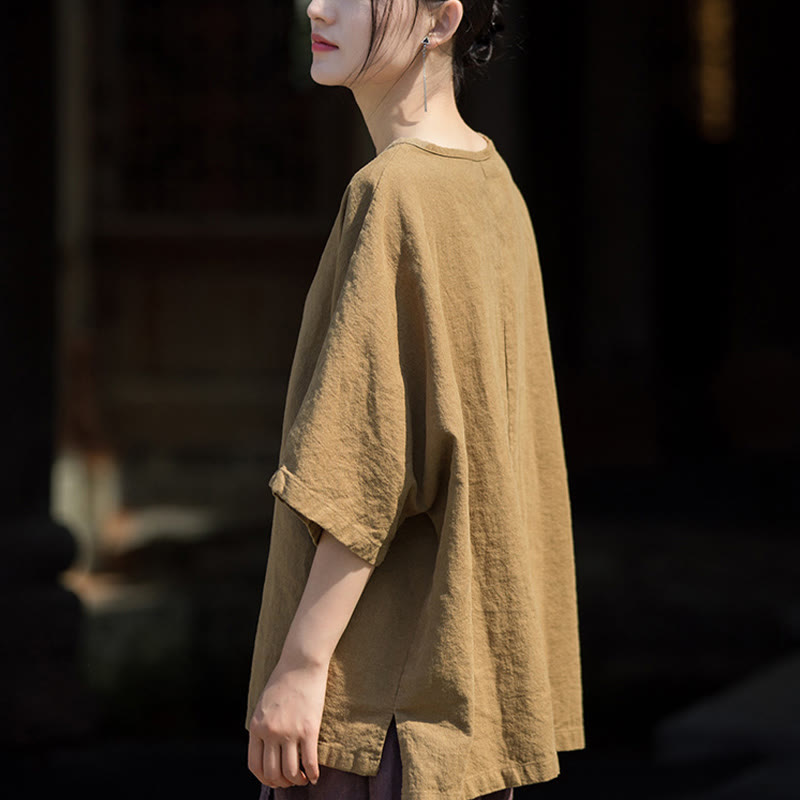 Koszulka z krótkim rękawem z ramią z lnu i bawełny Buddha Stones na co dzień - image 2