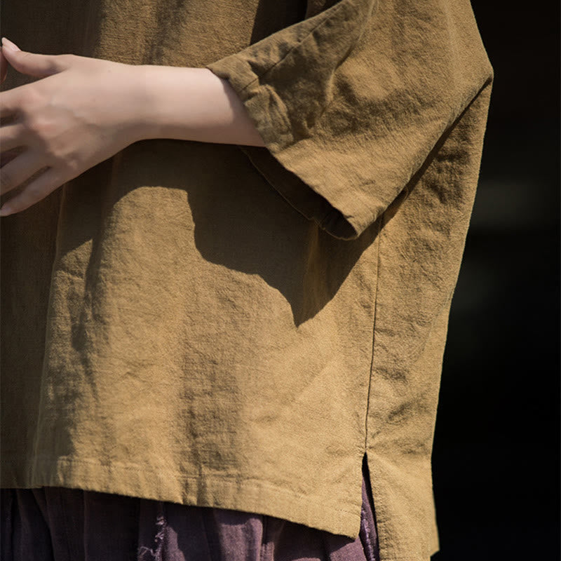 Koszulka z krótkim rękawem z ramią z lnu i bawełny Buddha Stones na co dzień