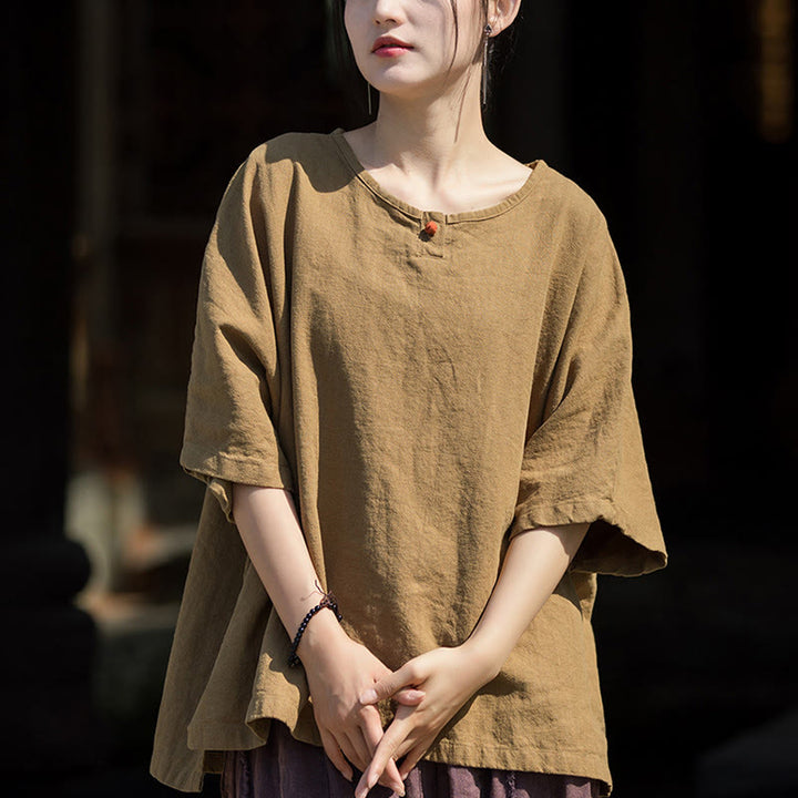 Koszulka z krótkim rękawem z ramią z lnu i bawełny Buddha Stones na co dzień - Ciemny Khaki - US4-8/10, UK/AU8-12/14, EU36-40/42 (F) - image 0