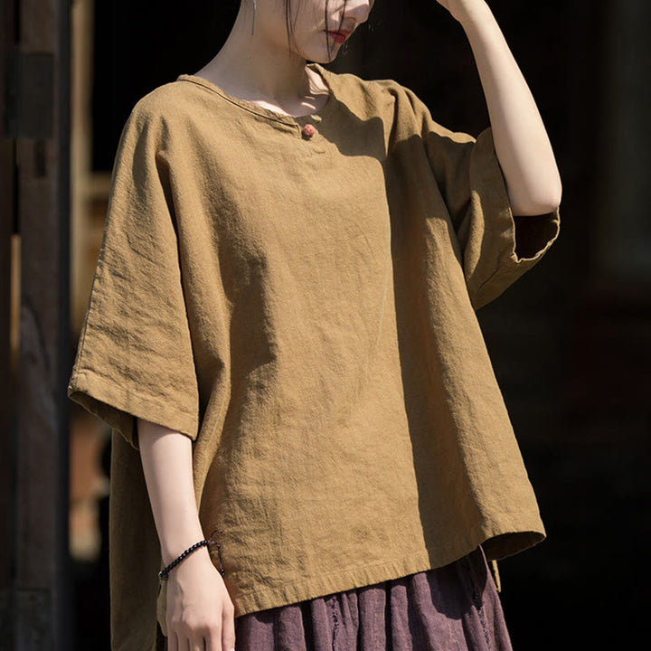 Koszulka z krótkim rękawem z ramią z lnu i bawełny Buddha Stones na co dzień