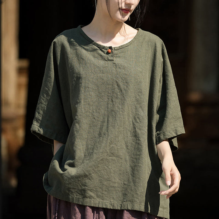 Koszulka z krótkim rękawem z ramią z lnu i bawełny Buddha Stones na co dzień