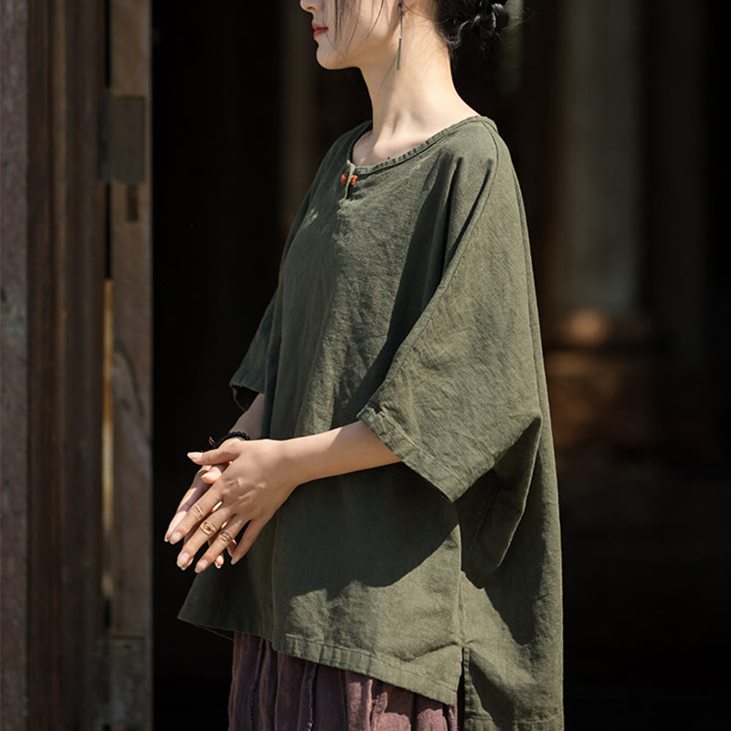 Koszulka z krótkim rękawem z ramią z lnu i bawełny Buddha Stones na co dzień