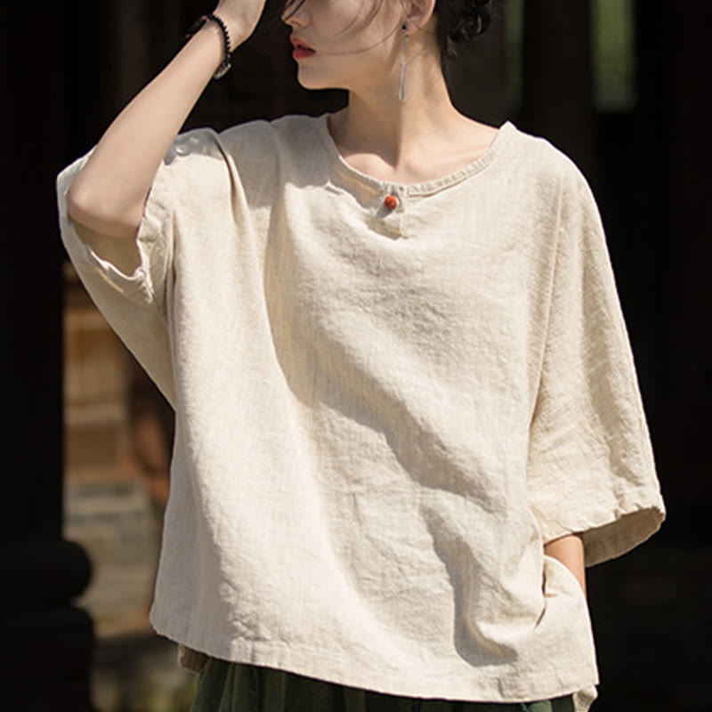 Koszulka z krótkim rękawem z ramią z lnu i bawełny Buddha Stones na co dzień - image 29