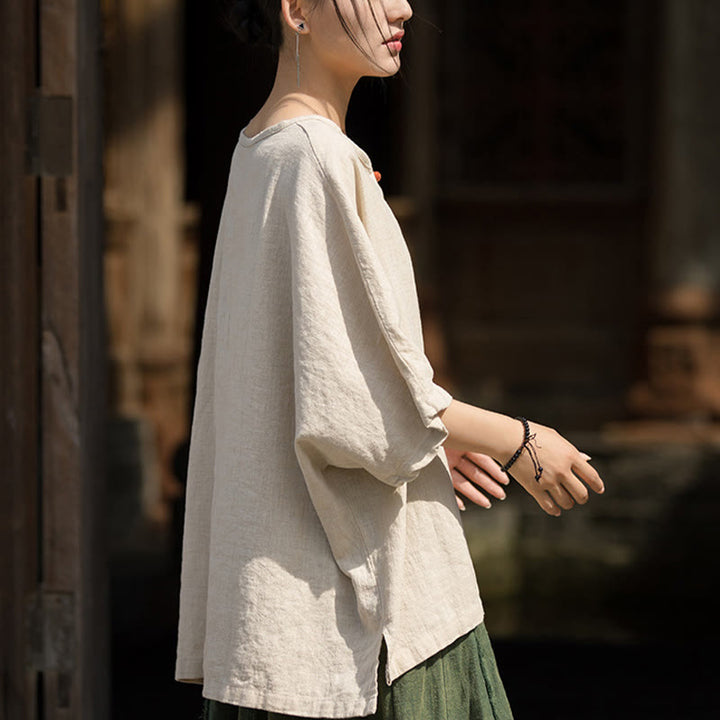 Koszulka z krótkim rękawem z ramią z lnu i bawełny Buddha Stones na co dzień