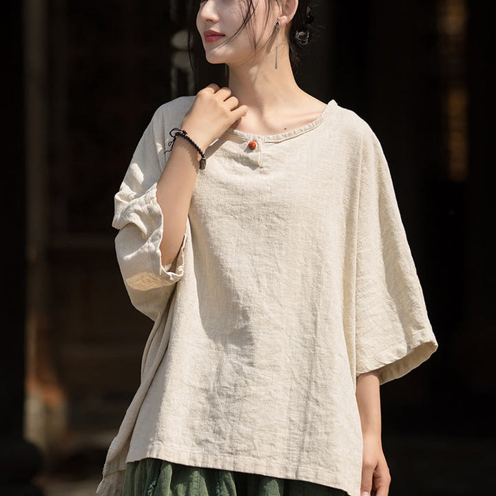 Koszulka z krótkim rękawem z ramią z lnu i bawełny Buddha Stones na co dzień