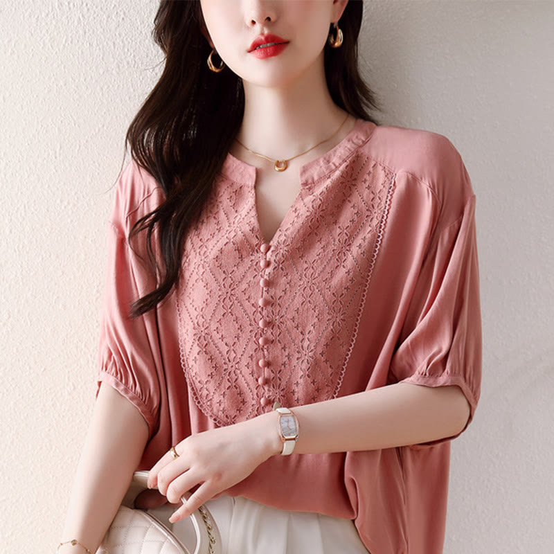 Koszulka z krótkim rękawem i dekoltem w serek z różowymi guzikami Buddha Stones - image 11