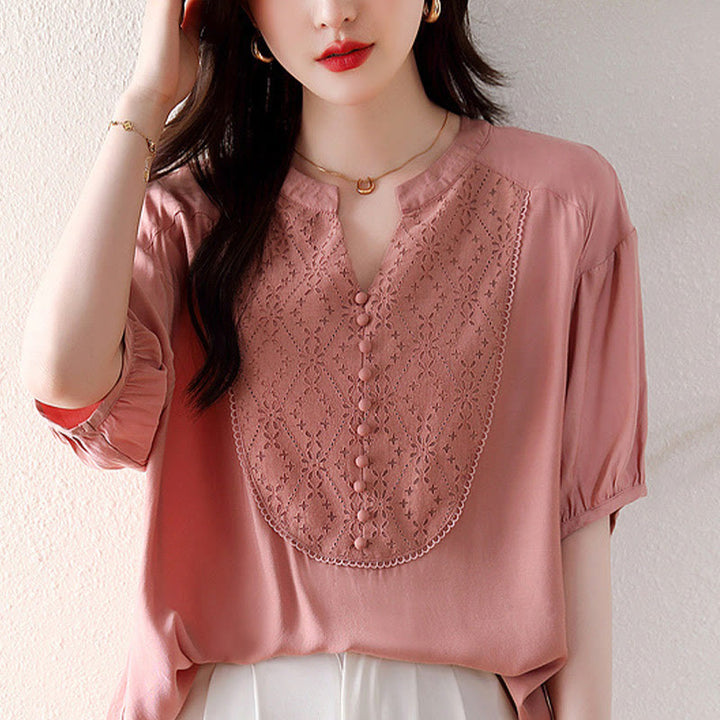 Koszulka z krótkim rękawem i dekoltem w serek z różowymi guzikami Buddha Stones - image 14