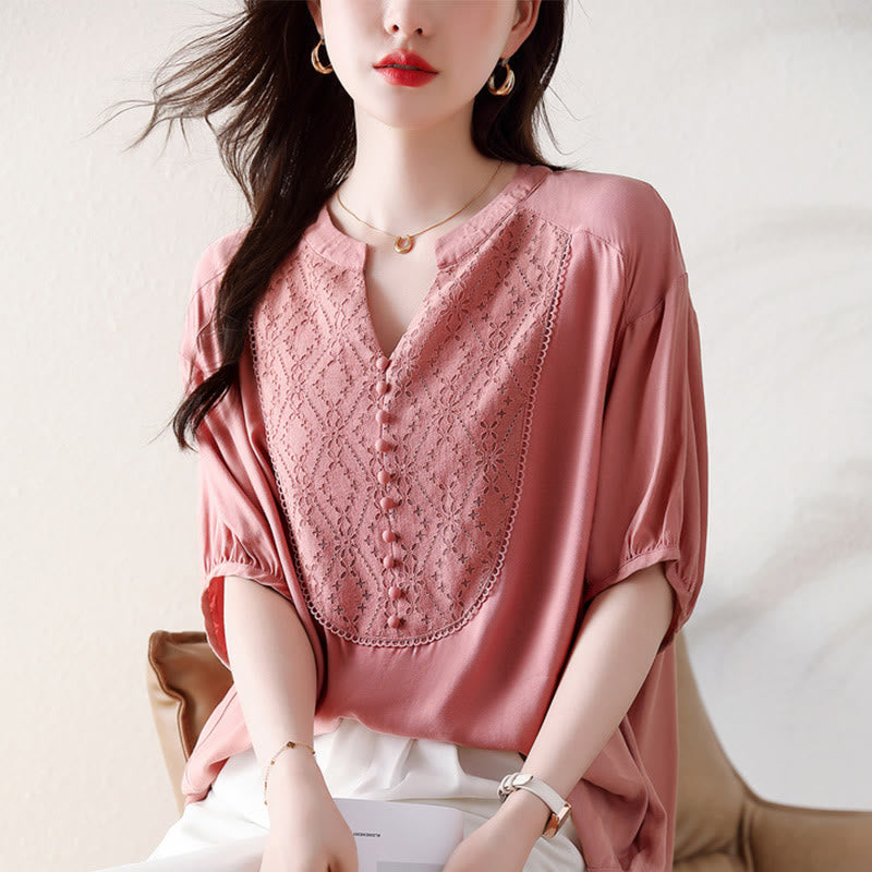 Koszulka z krótkim rękawem i dekoltem w serek z różowymi guzikami Buddha Stones - image 10