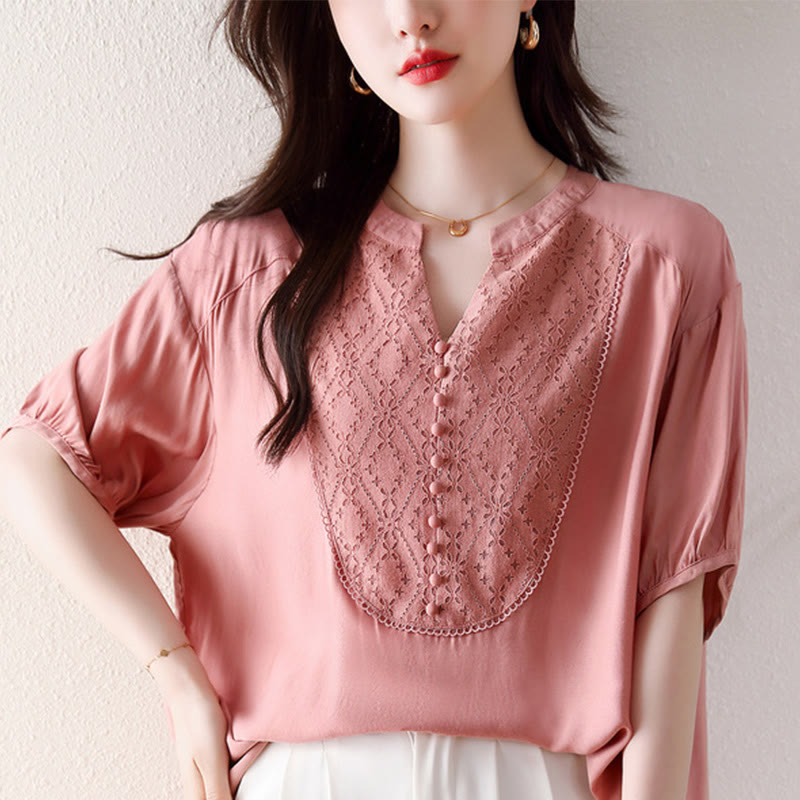 Koszulka z krótkim rękawem i dekoltem w serek z różowymi guzikami Buddha Stones - image 12