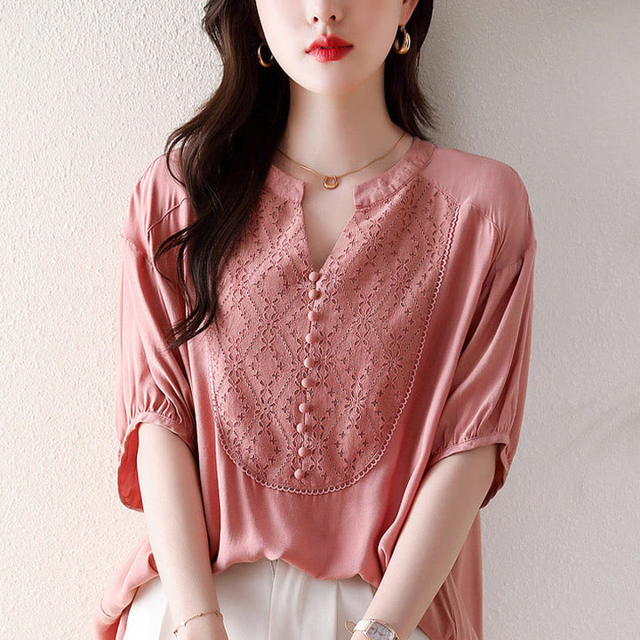 Koszulka z krótkim rękawem i dekoltem w serek z różowymi guzikami Buddha Stones - image 11