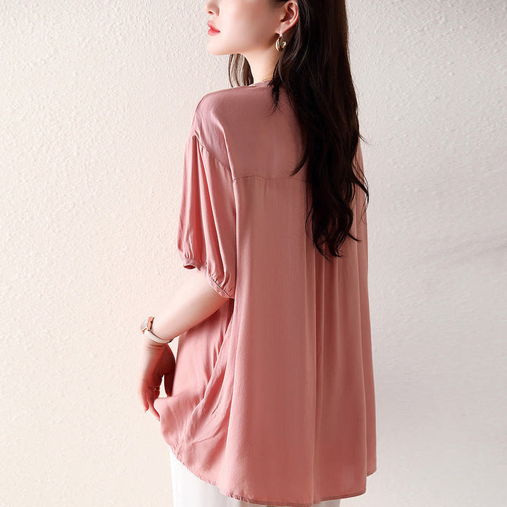 Koszulka z krótkim rękawem i dekoltem w serek z różowymi guzikami Buddha Stones - image 3