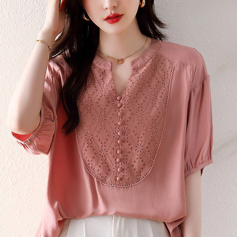 Koszulka z krótkim rękawem i dekoltem w serek z różowymi guzikami Buddha Stones - image 13