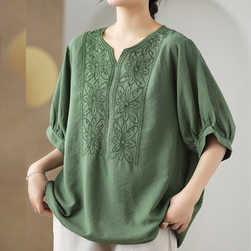 Buddha Stones Kwiat Haftowany Wzór Pół Rękawa Bawełna Lniana Koszulka T-shirt - DarkSeaGreen - F (pasuje do US4-6; UK/AU8-10; EU36-38) - image 0